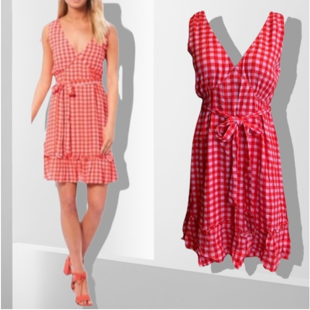 Gianni Bini New With Tags V-Neck Gingham Check Dress With RuffleHem Dress‎ SizeL